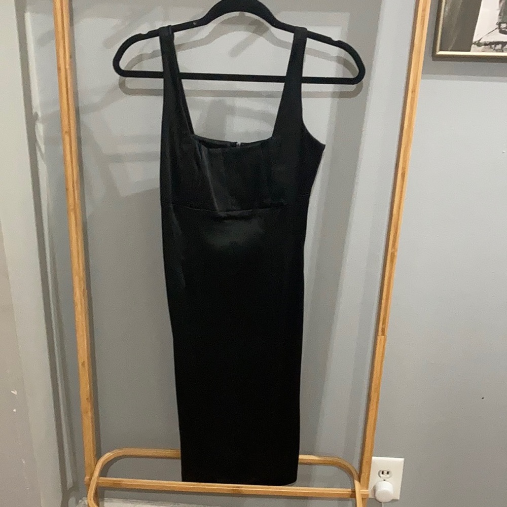 Calvin Klein black satiny dress with Ruched bodice.  Size 4
